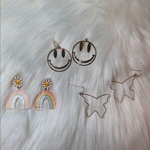 Set of Fun Earrings with Smiley, Rainbow, and Butterfly Designs